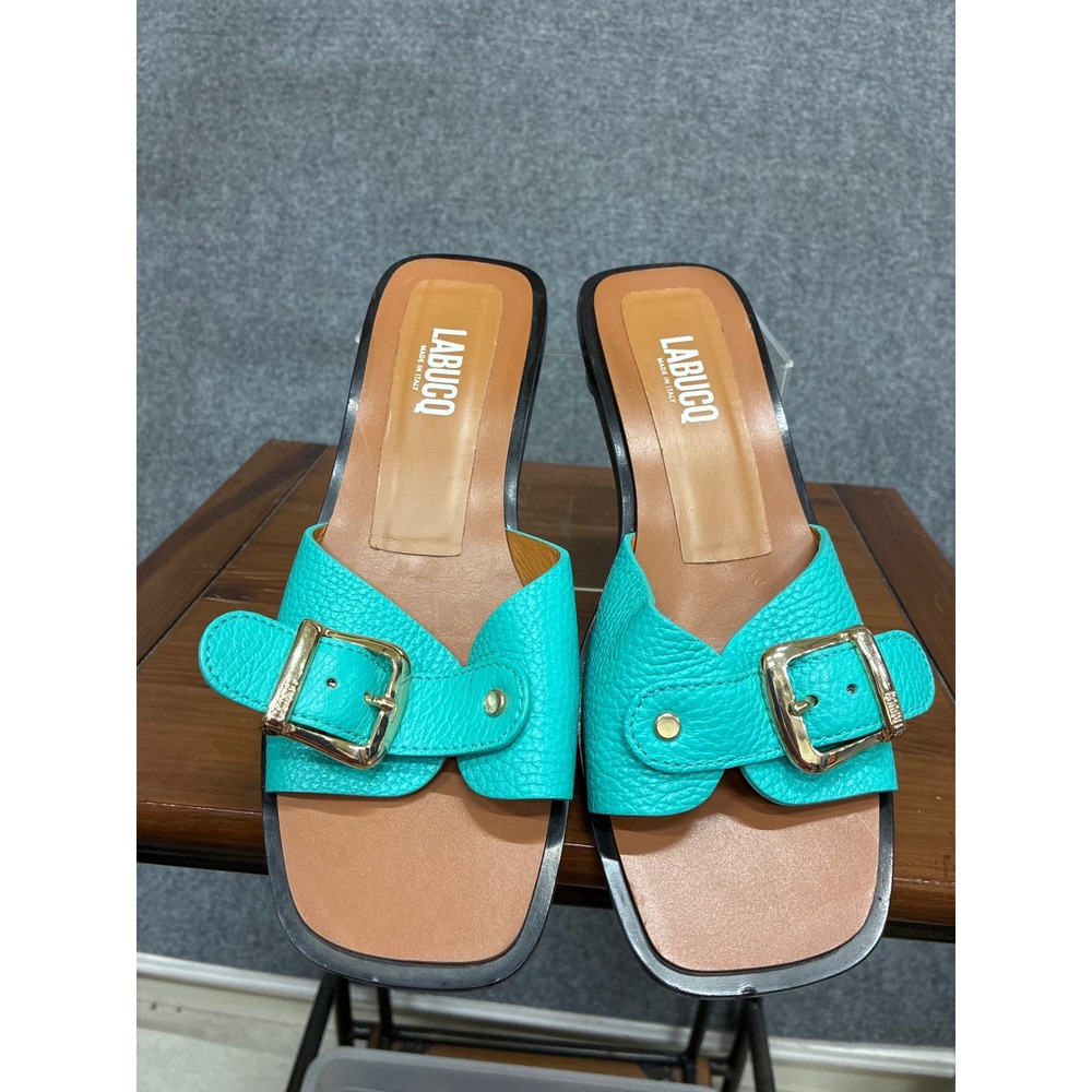 Labucq Turquoise Pebbled Leather Buckle Slide Sandals Square Toe Block Heel 37
